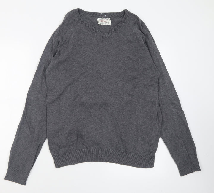 New Look Mens Grey V-Neck Cotton Pullover Jumper Size L