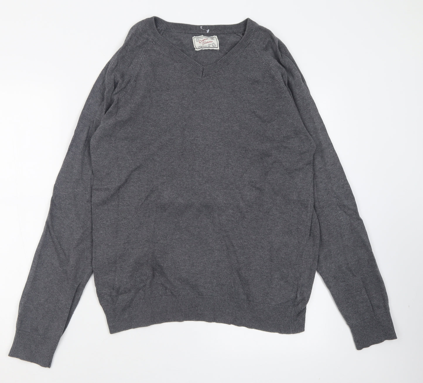 New Look Mens Grey V-Neck  Cotton Pullover Jumper Size L