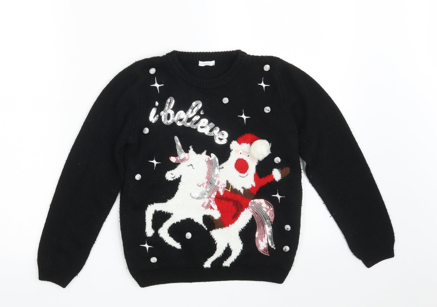 NEXT Girls Black Crew Neck  Acrylic Pullover Jumper Size 9 Years   - Christmas JUMPER- Unicorn