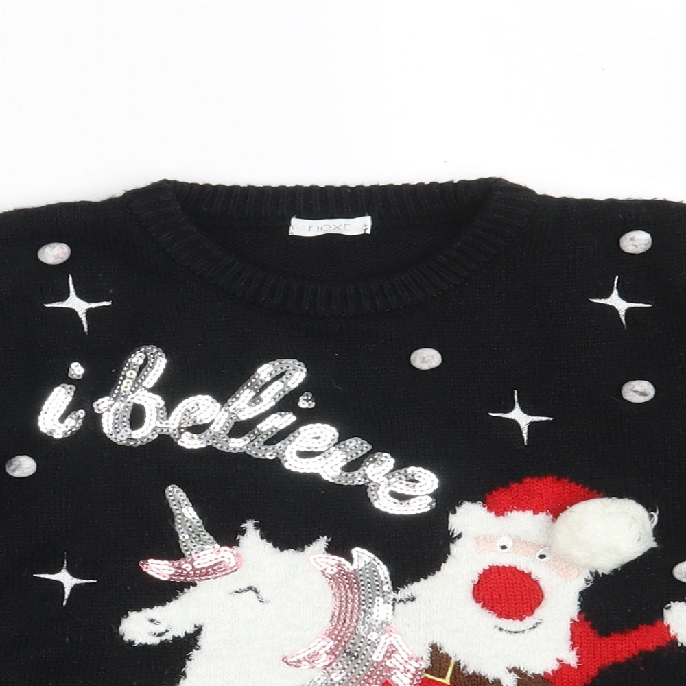 NEXT Girls Black Crew Neck  Acrylic Pullover Jumper Size 9 Years   - Christmas JUMPER- Unicorn