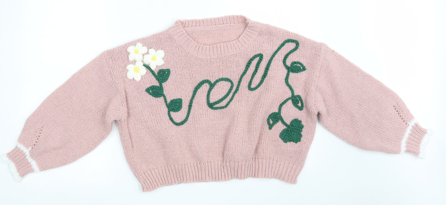 SheIn Womens Pink Round Neck Floral Polyester Pullover Jumper Size XL   - Cropped