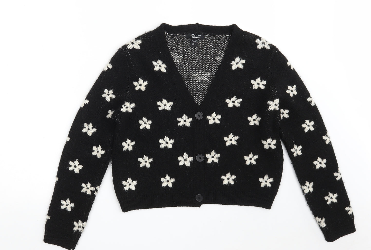 New Look Girls Black V-Neck Floral Acrylic Cardigan Jumper Size 14-15 Years  Button