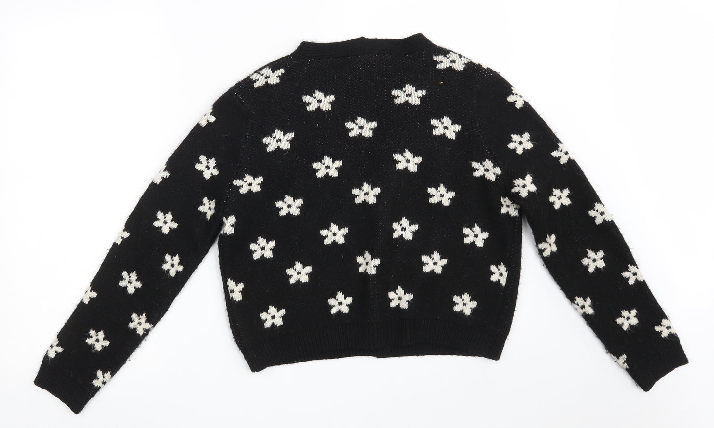 New Look Girls Black V-Neck Floral Acrylic Cardigan Jumper Size 14-15 Years  Button