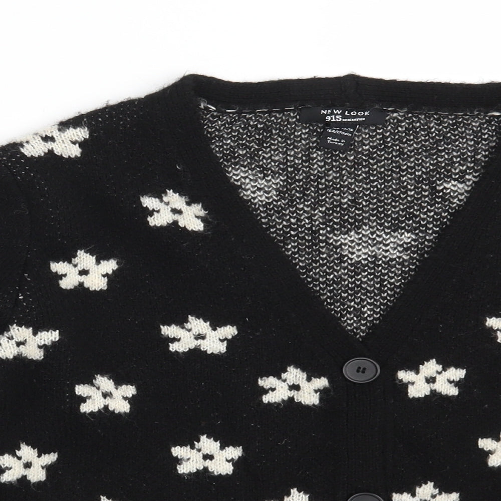 New Look Girls Black V-Neck Floral Acrylic Cardigan Jumper Size 14-15 Years  Button