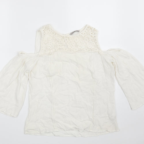 TU Womens White Floral Viscose Basic Blouse Size 14 Round Neck