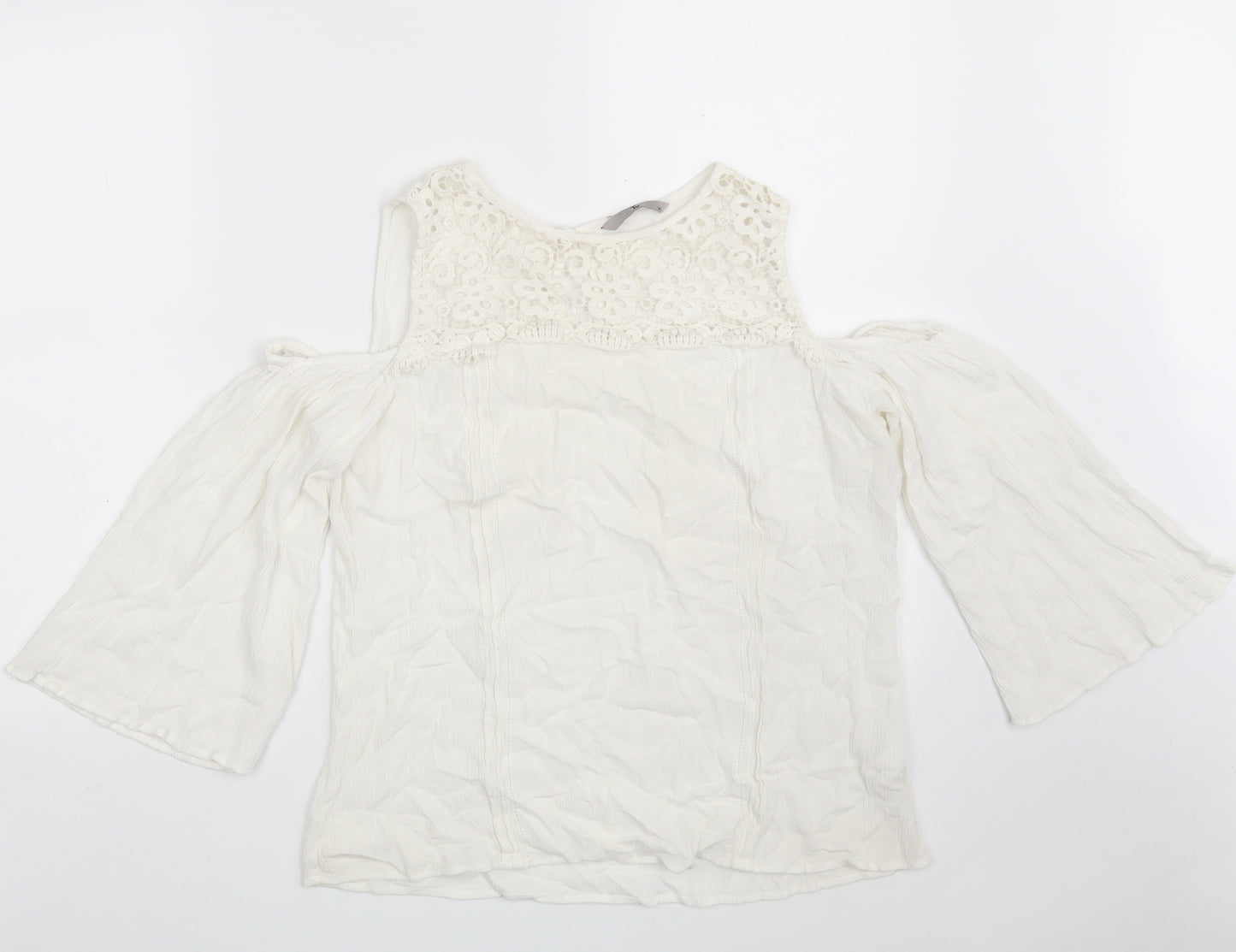 TU Womens White Floral Viscose Basic Blouse Size 14 Round Neck