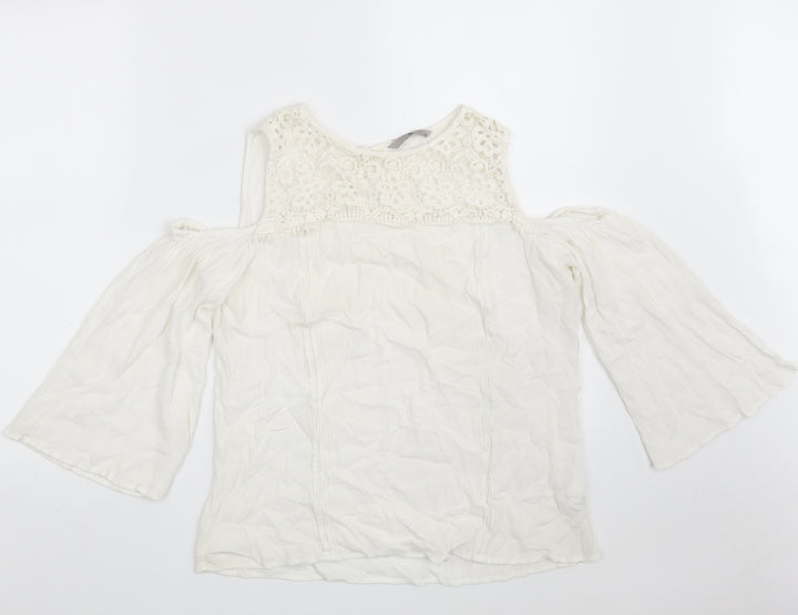 TU Womens White Floral Viscose Basic Blouse Size 14 Round Neck