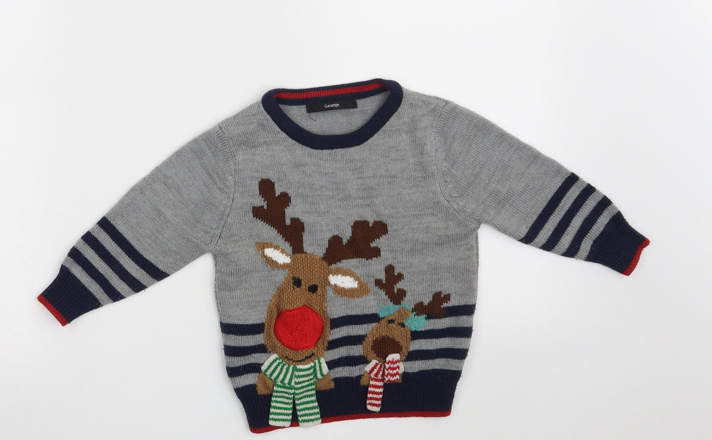 George Baby Grey Striped Acrylic Pullover Jumper Size 18-24 Months   - Christmas JUMPER