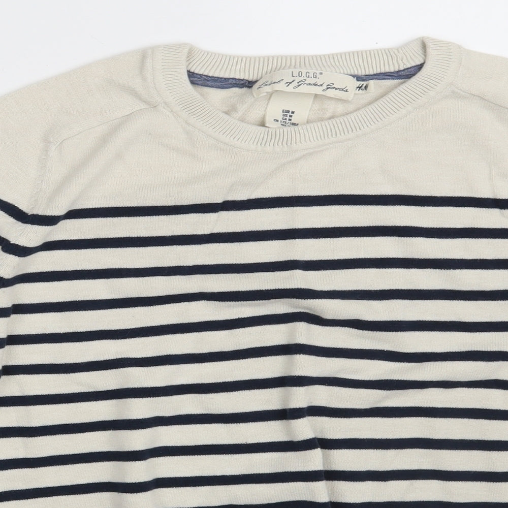 H&M Womens Beige Crew Neck Striped 100% Cotton Pullover Jumper Size M