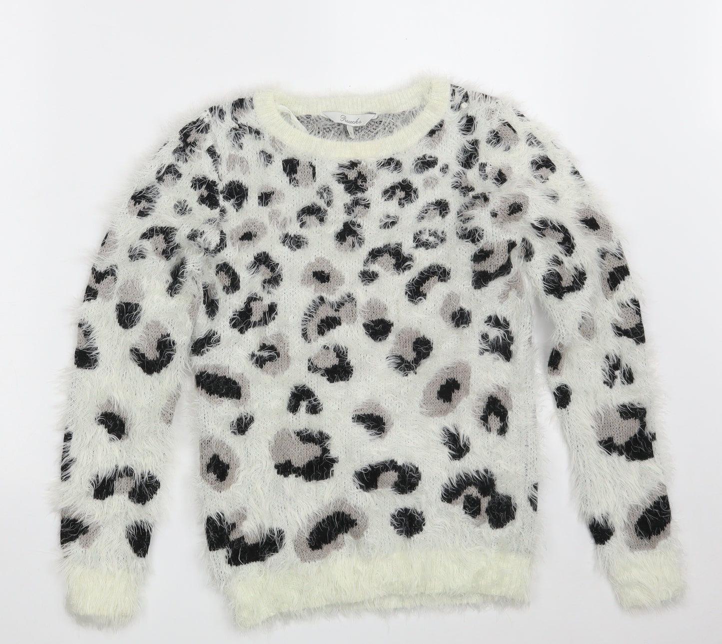 Peacocks Womens White Round Neck Animal Print Nylon Pullover Jumper Size S