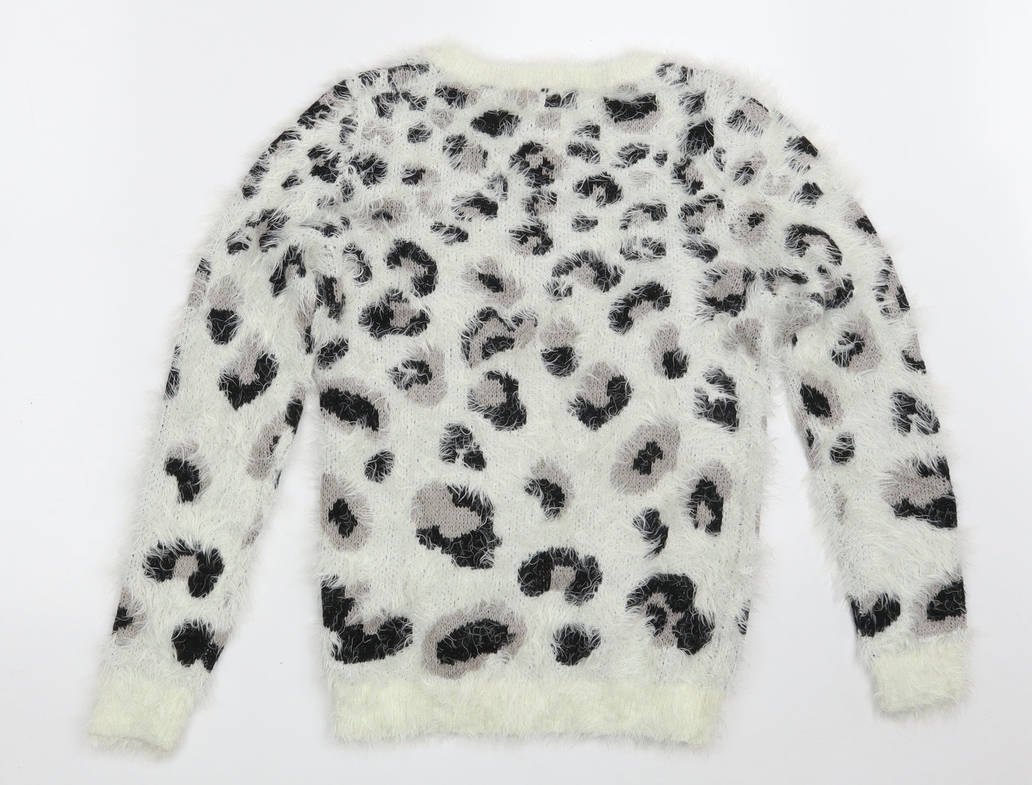 Peacocks Womens White Round Neck Animal Print Nylon Pullover Jumper Size S