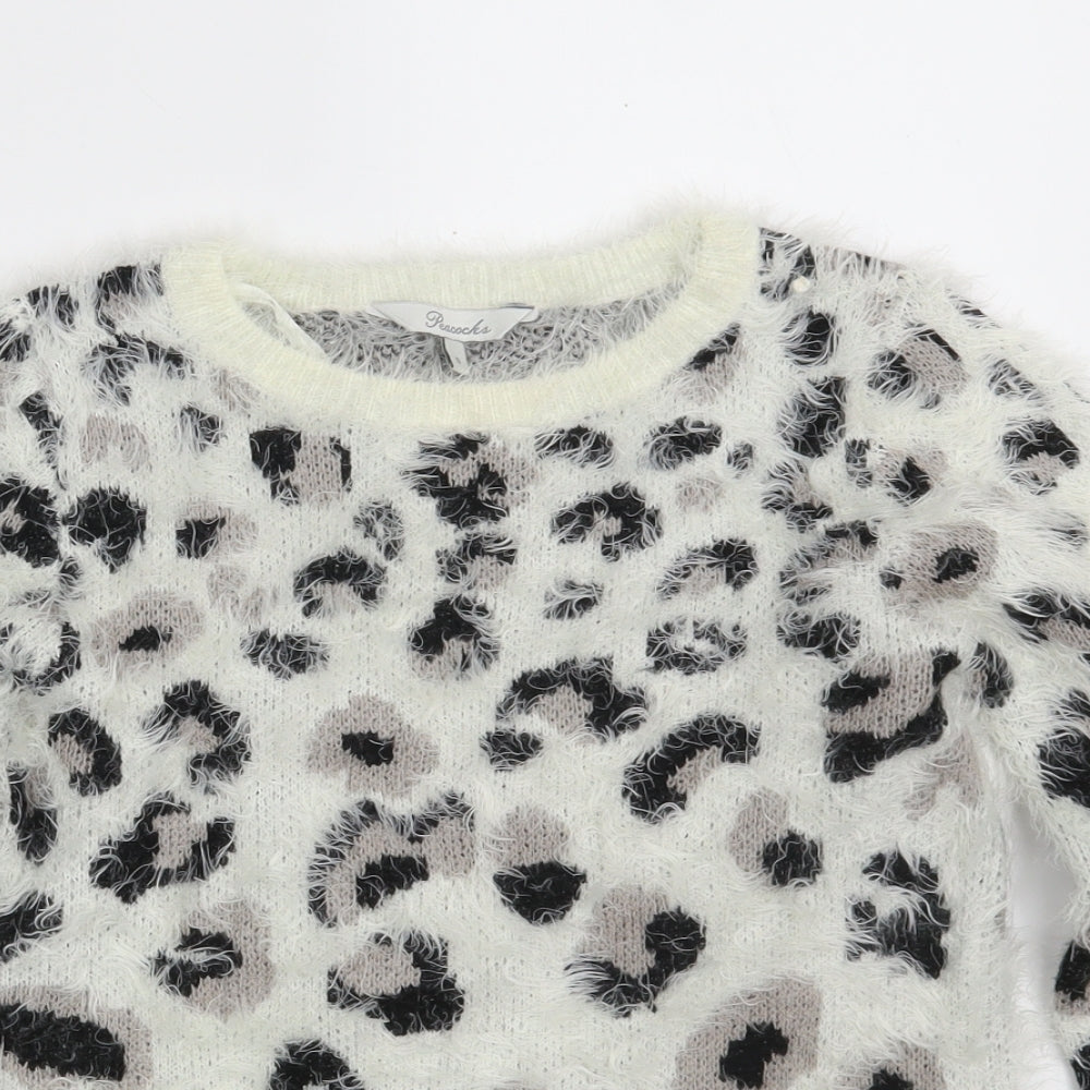 Peacocks Womens White Round Neck Animal Print Nylon Pullover Jumper Size S