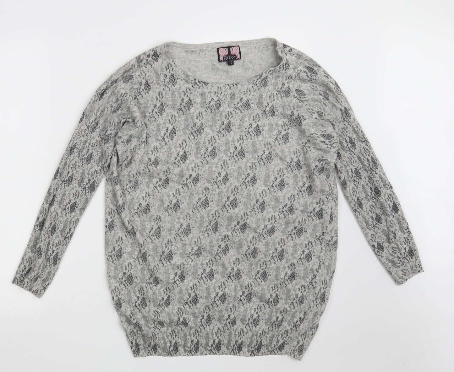 Ribbon Womens Grey Round Neck Animal Print Polyester Pullover Jumper Size 12