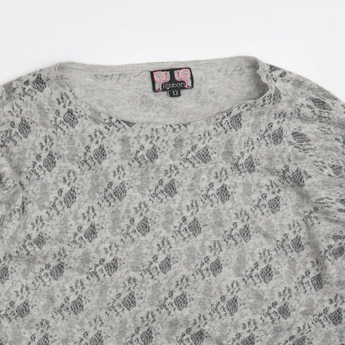 Ribbon Womens Grey Round Neck Animal Print Polyester Pullover Jumper Size 12
