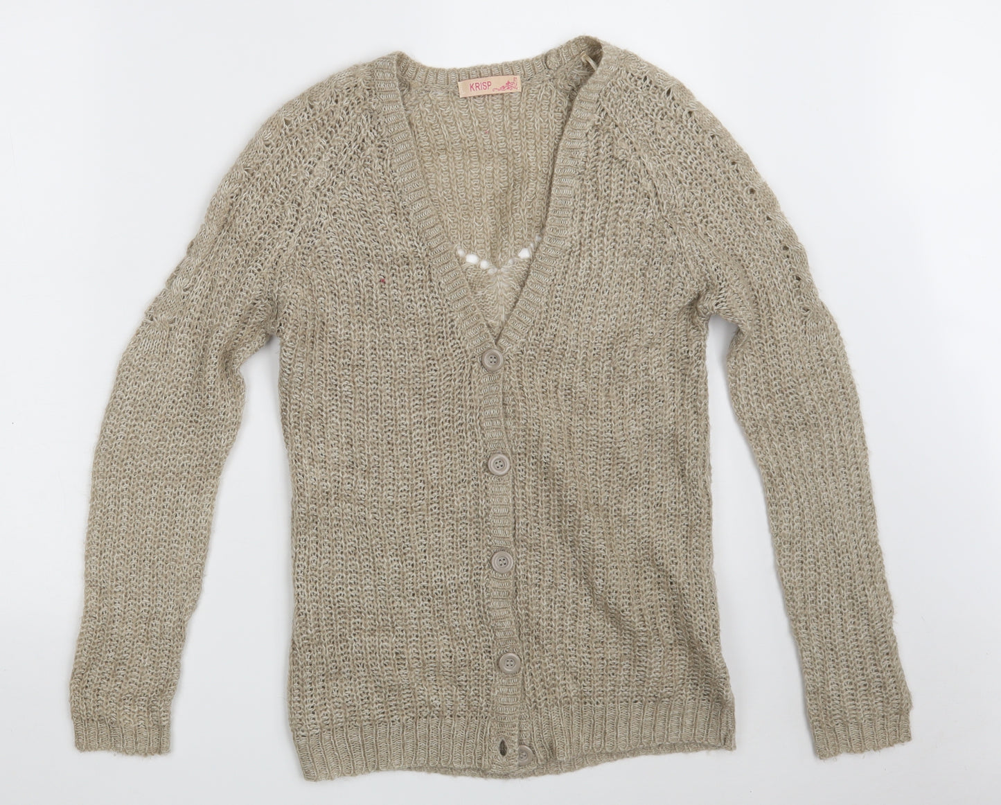 Krisp Womens Beige V-Neck  Acrylic Cardigan Jumper Size 8