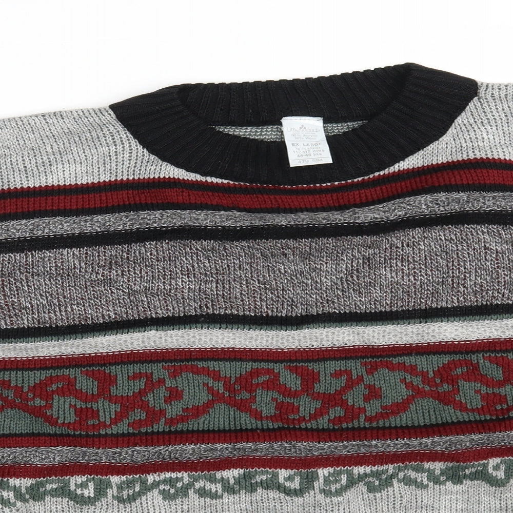 Littlewoods Mens Grey Crew Neck Fair Isle Acrylic Pullover Jumper Size XL