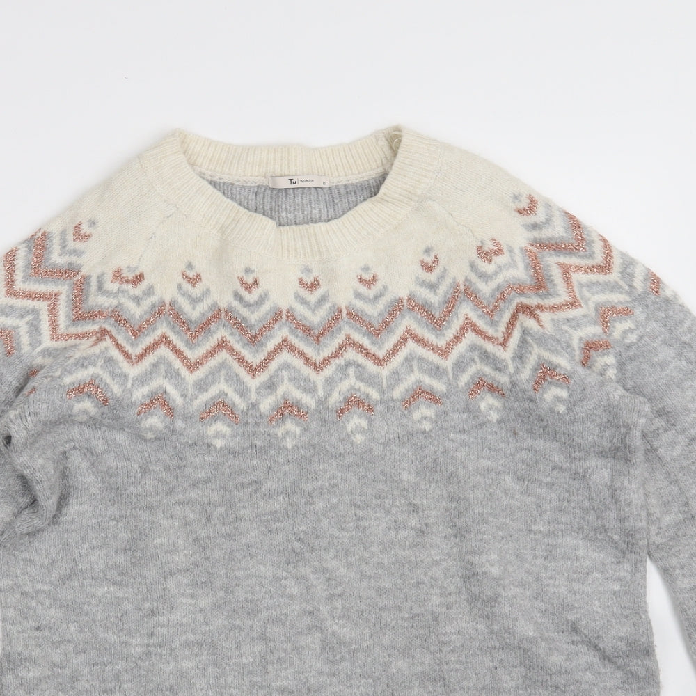 TU Womens Grey Round Neck Argyle/Diamond Acrylic Pullover Jumper Size 12