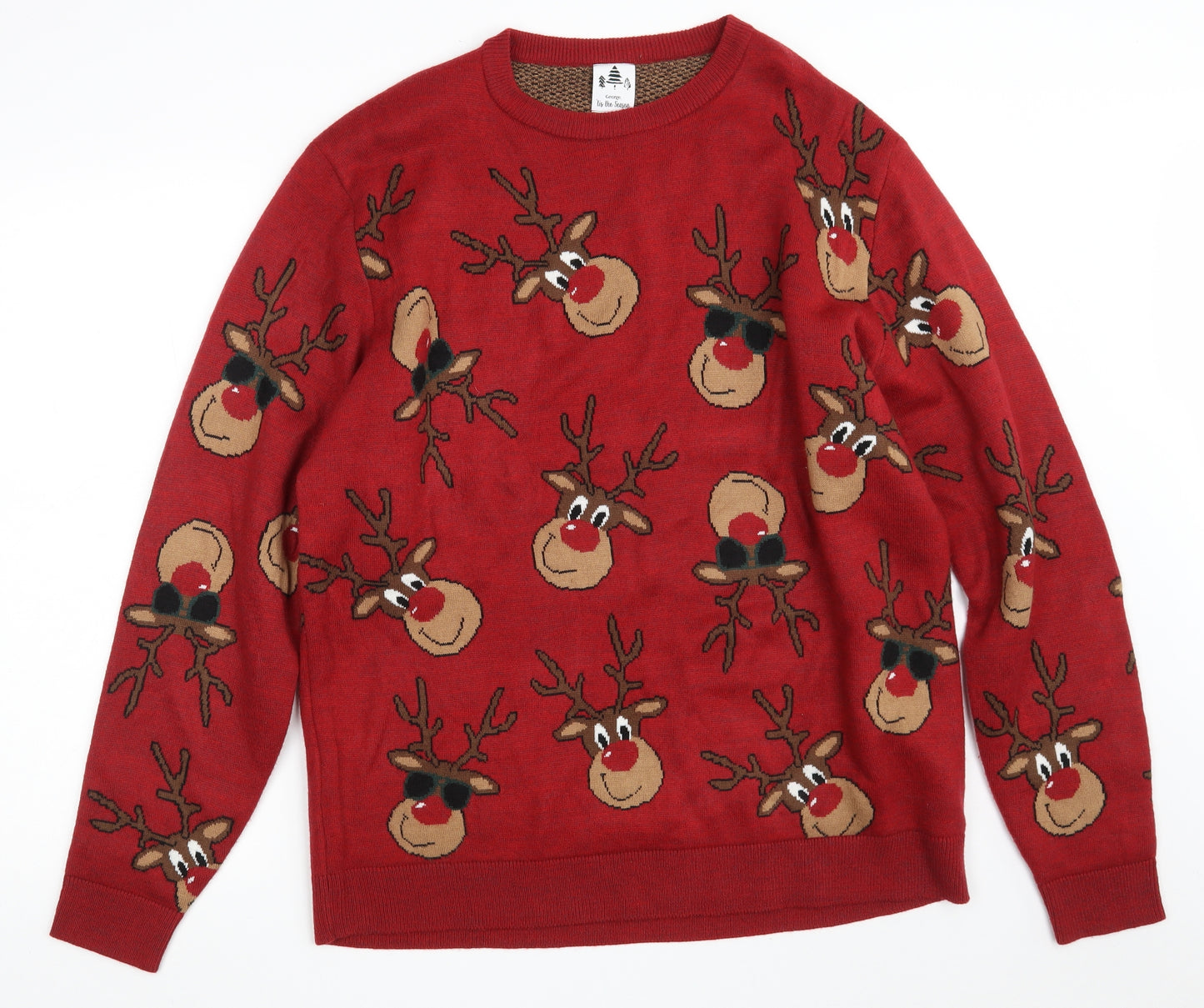 George Mens Red Crew Neck Animal Print Acrylic Pullover Jumper Size XL   - Christmas JUMPER