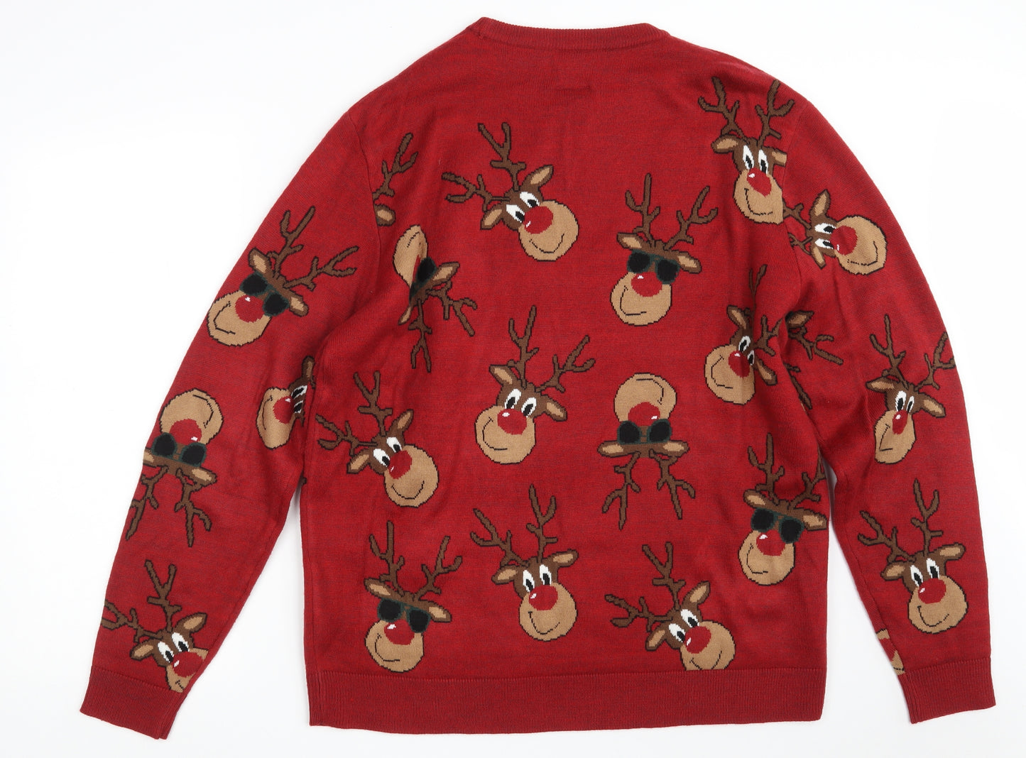 George Mens Red Crew Neck Animal Print Acrylic Pullover Jumper Size XL   - Christmas JUMPER