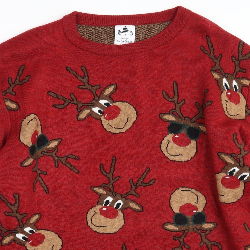 George Mens Red Crew Neck Animal Print Acrylic Pullover Jumper Size XL   - Christmas JUMPER