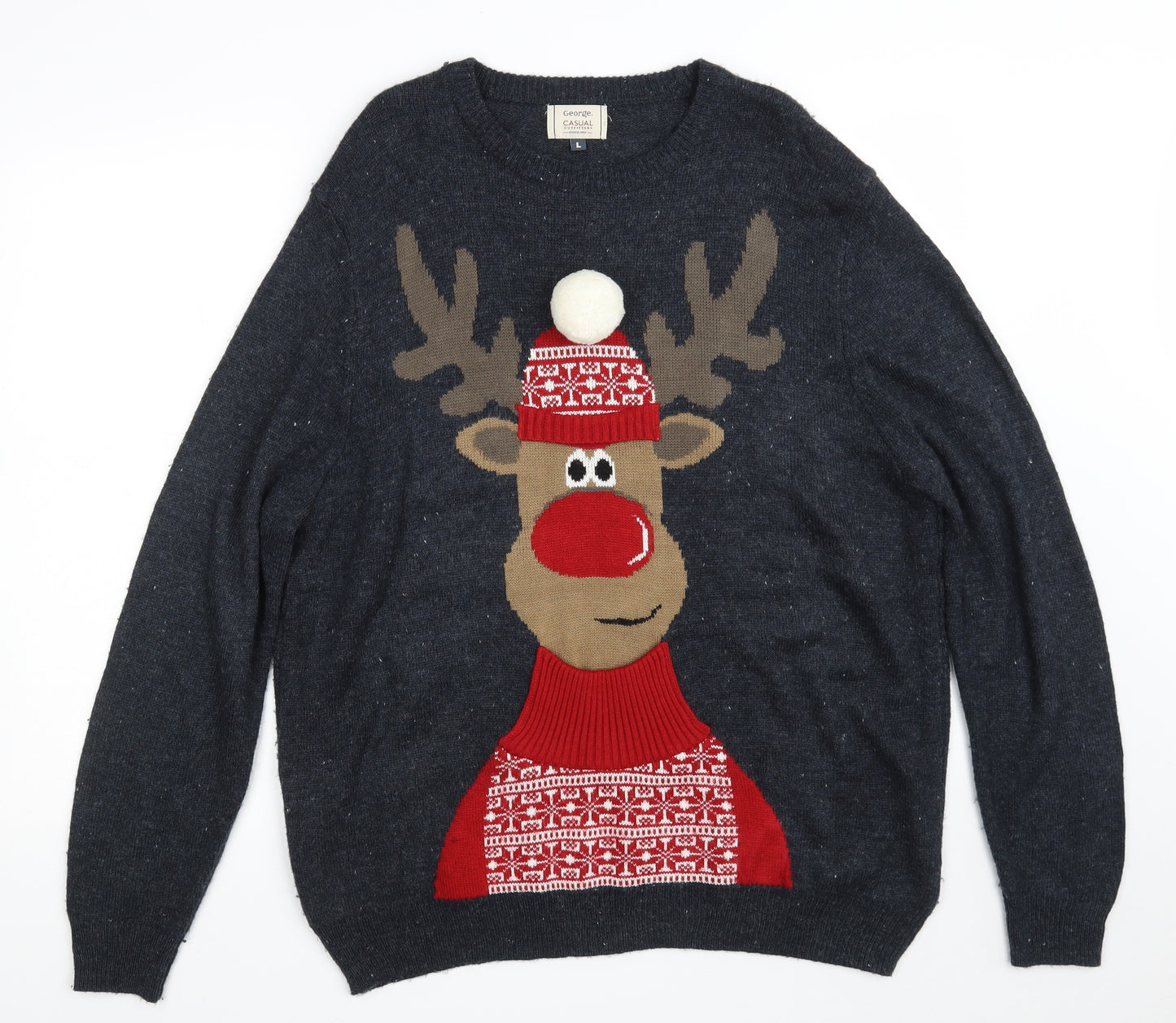 George Mens Blue Crew Neck  Acrylic Pullover Jumper Size L   - Christmas JUMPER