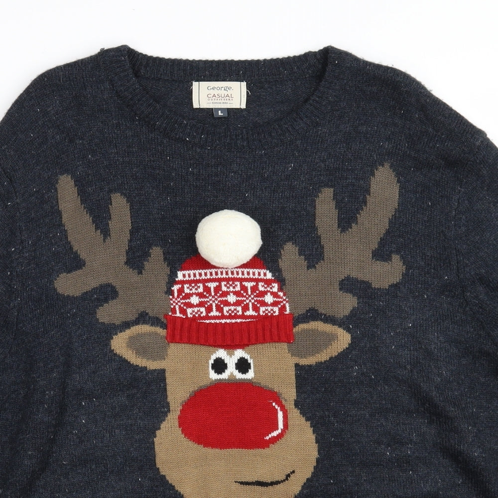 George Mens Blue Crew Neck  Acrylic Pullover Jumper Size L   - Christmas JUMPER
