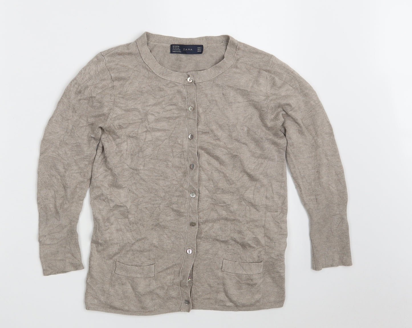 Zara Womens Beige Round Neck  Rayon Cardigan Jumper Size S