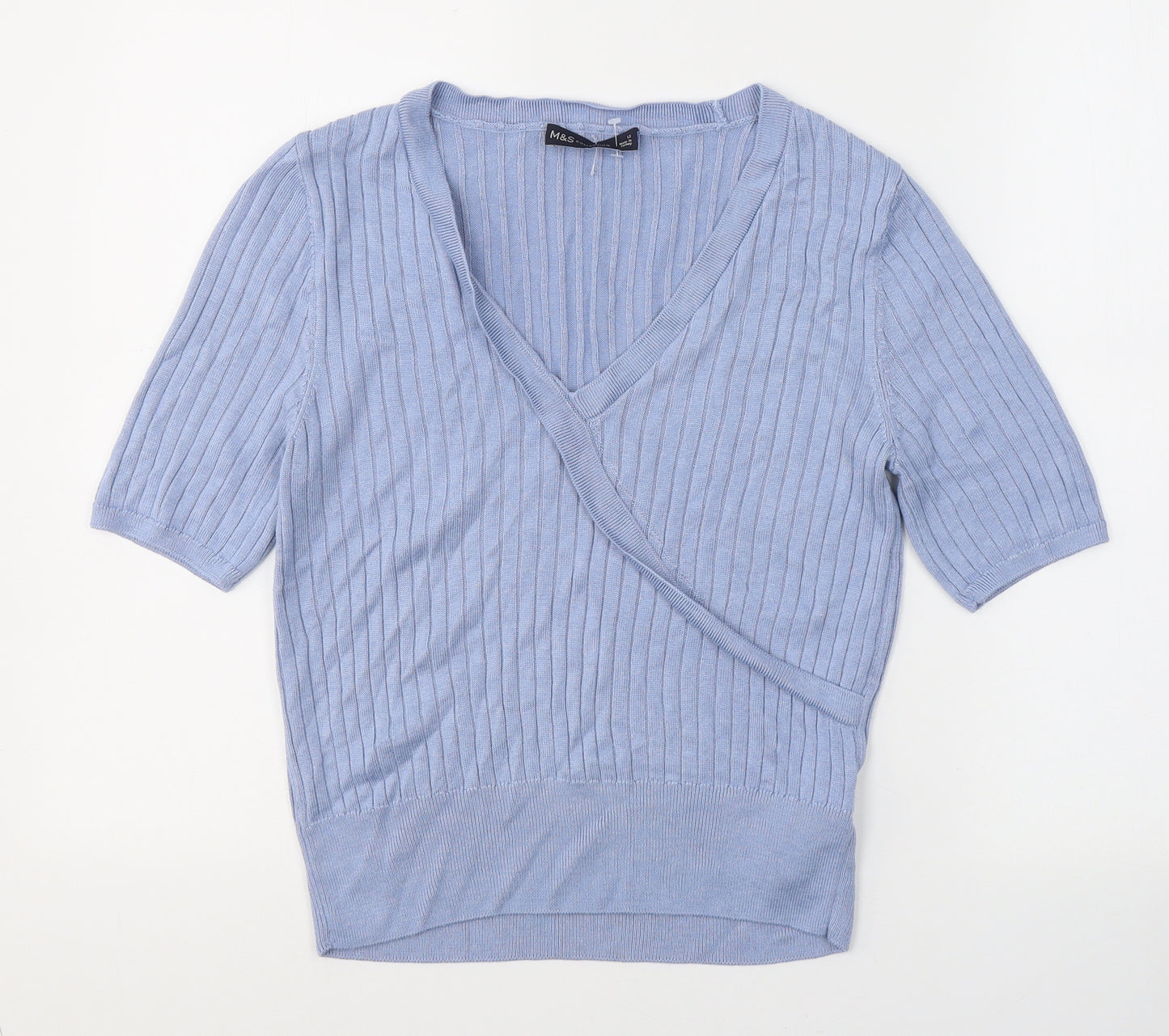 Marks and Spencer Womens Blue Striped Viscose Basic T-Shirt Size 12 V-Neck