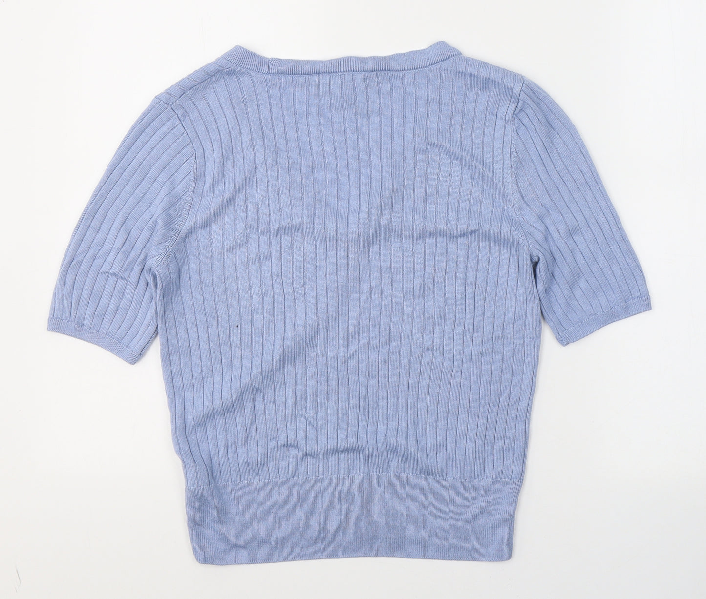 Marks and Spencer Womens Blue Striped Viscose Basic T-Shirt Size 12 V-Neck