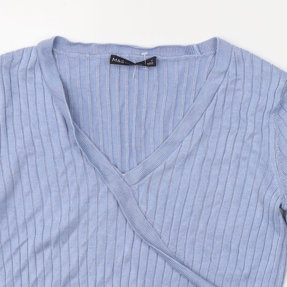 Marks and Spencer Womens Blue Striped Viscose Basic T-Shirt Size 12 V-Neck