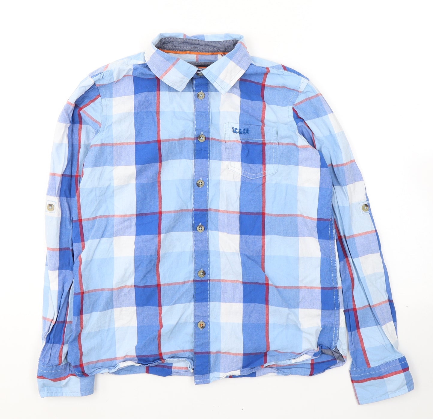 SoulCal&Co Boys Blue Plaid Cotton Basic Button-Up Size 11-12 Years Collared Button