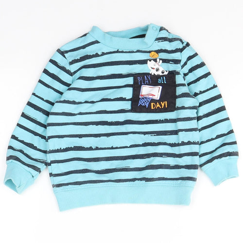 SO CUTE  Baby Blue Striped Cotton Pullover Casual Size 9-12 Months Round Neck Button