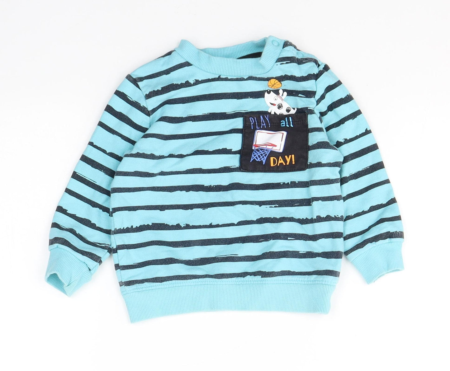 SO CUTE  Baby Blue Striped Cotton Pullover Casual Size 9-12 Months Round Neck Button
