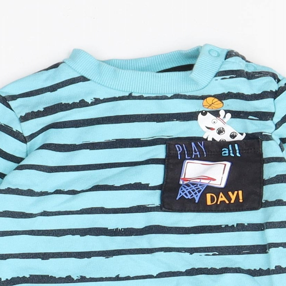 SO CUTE  Baby Blue Striped Cotton Pullover Casual Size 9-12 Months Round Neck Button