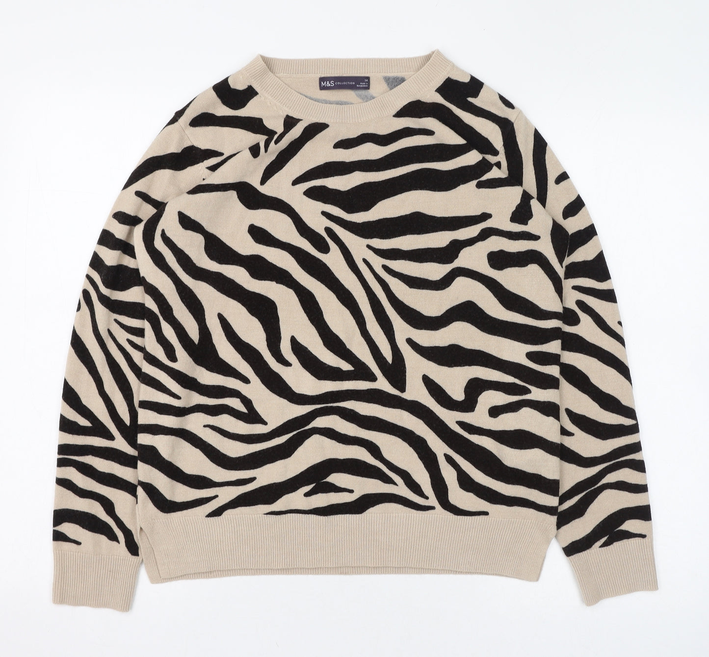 Marks and Spencer Womens Beige Round Neck Animal Print Acrylic Pullover Jumper Size 14