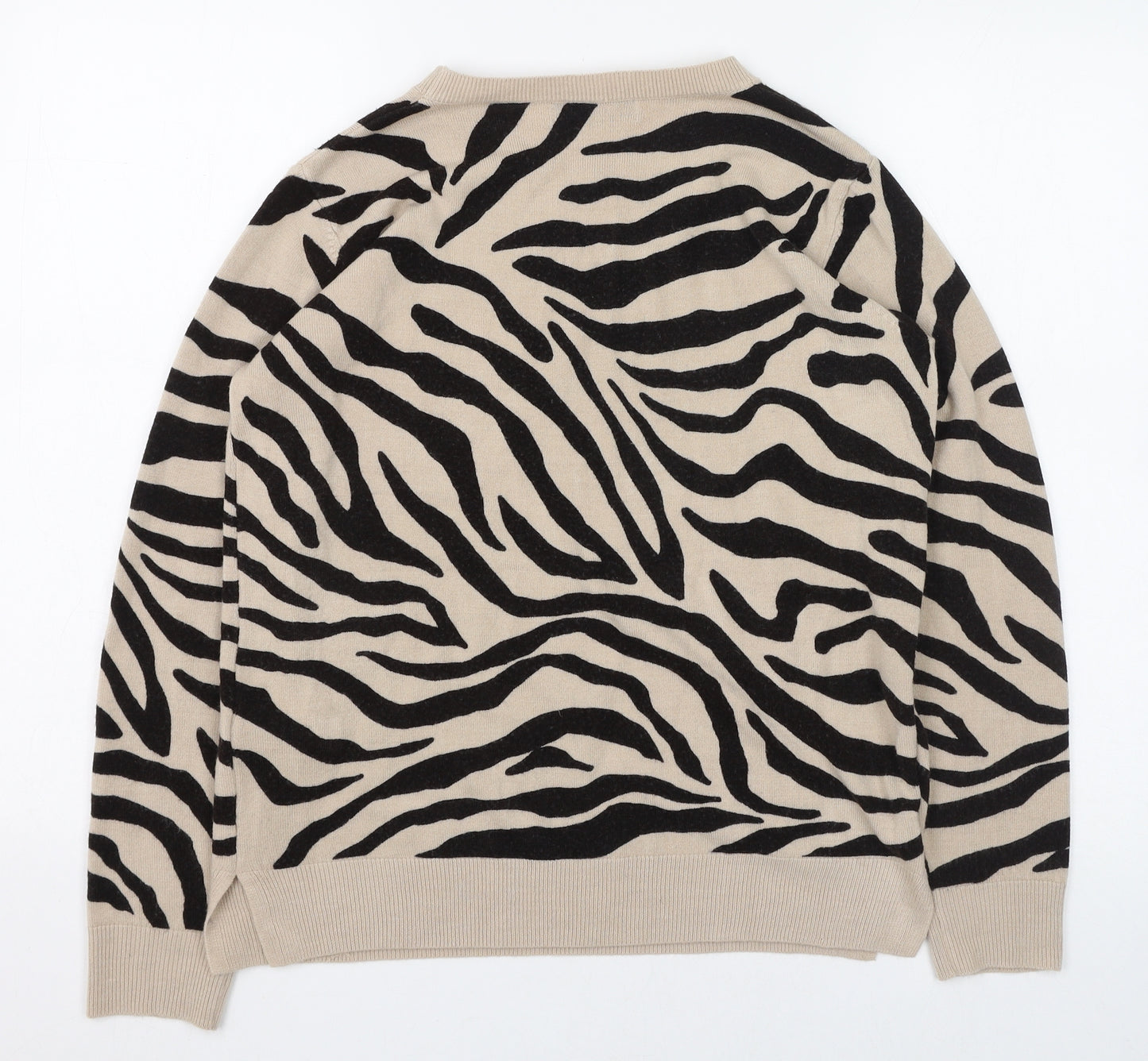 Marks and Spencer Womens Beige Round Neck Animal Print Acrylic Pullover Jumper Size 14