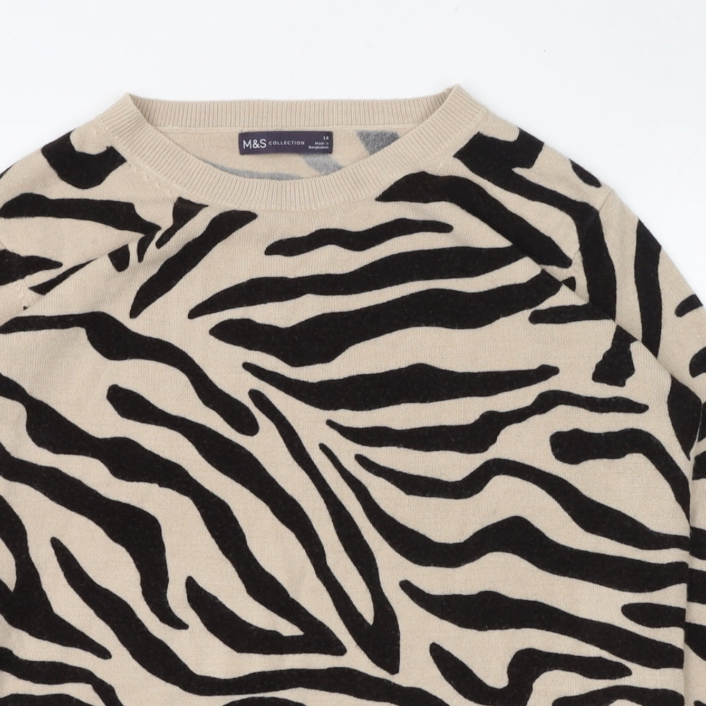 Marks and Spencer Womens Beige Round Neck Animal Print Acrylic Pullover Jumper Size 14