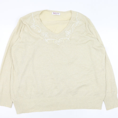 Bonmarché Womens Beige V-Neck  Acrylic Pullover Jumper Size XL
