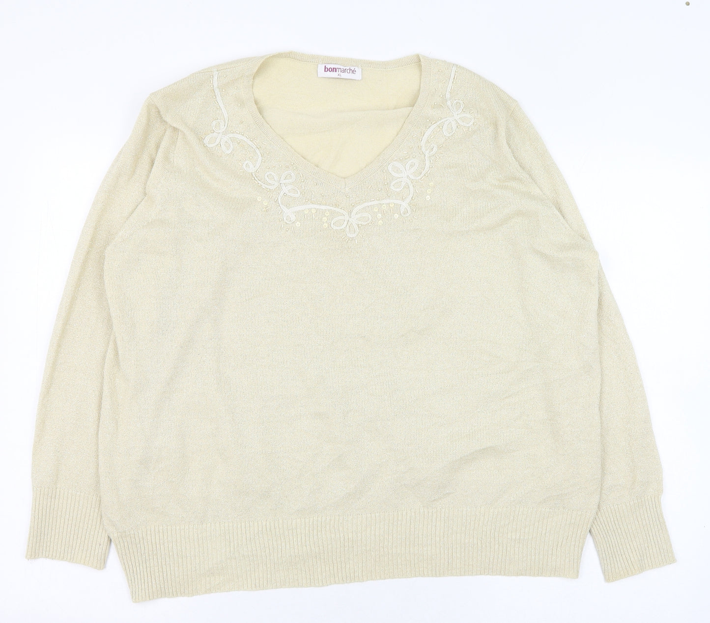 Bonmarché Womens Beige V-Neck  Acrylic Pullover Jumper Size XL
