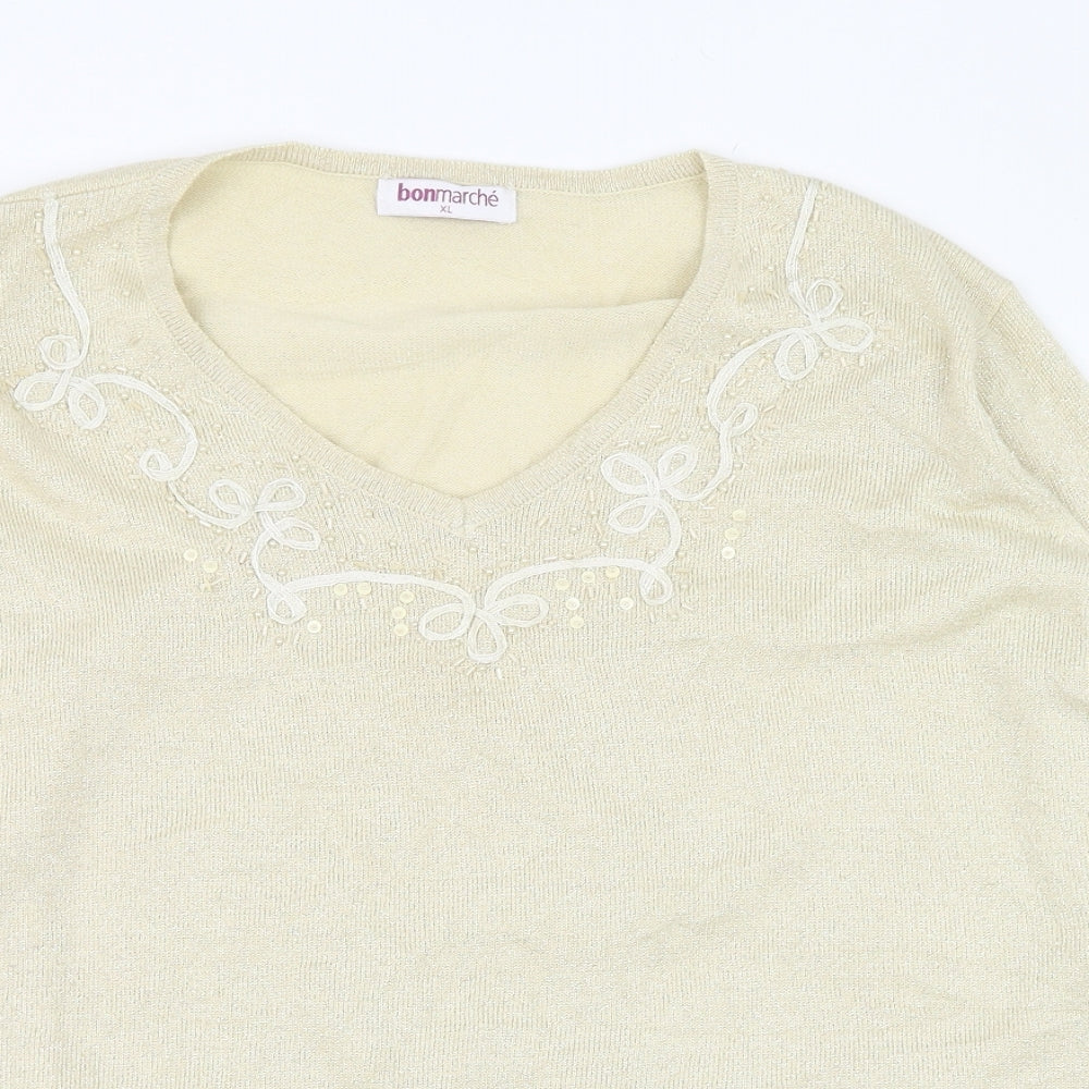 Bonmarché Womens Beige V-Neck  Acrylic Pullover Jumper Size XL