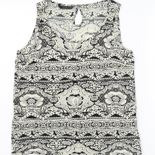 Only Womens Black Geometric Viscose Basic Tank Size 8 Scoop Neck