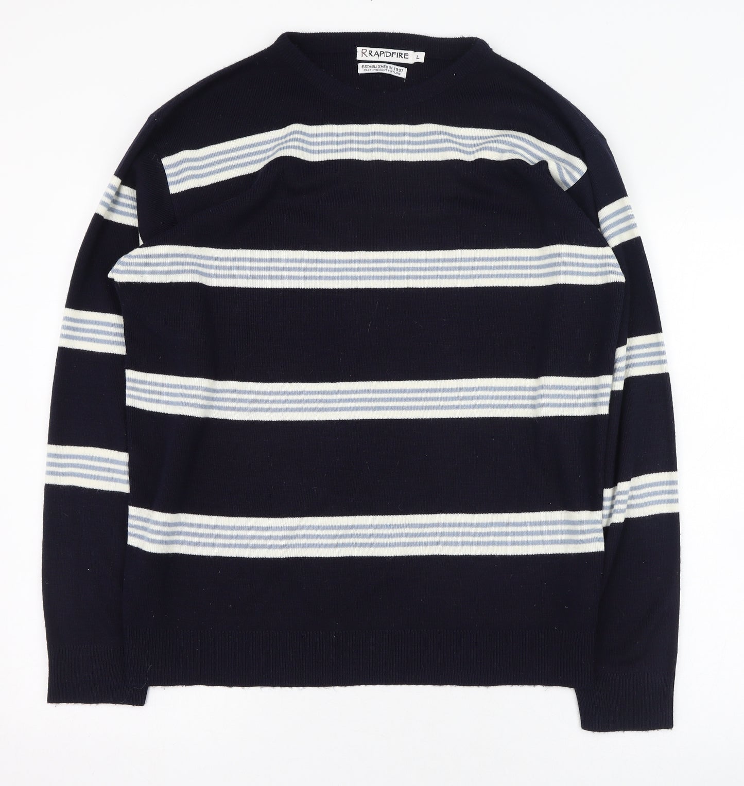Rapidfire Mens Blue Round Neck Striped Acrylic Pullover Jumper Size L