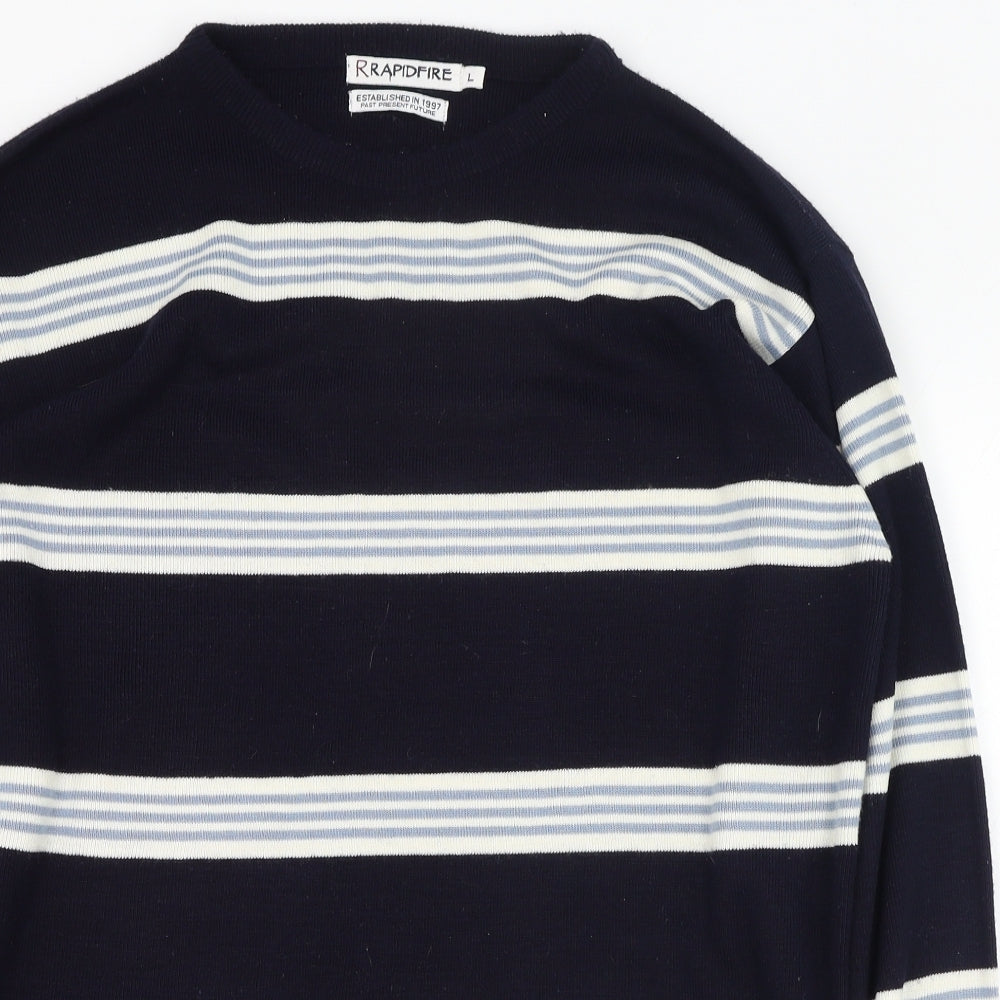 Rapidfire Mens Blue Round Neck Striped Acrylic Pullover Jumper Size L