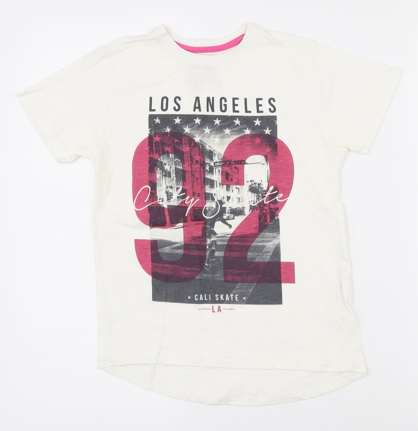 Primark Girls White  100% Cotton Pullover T-Shirt Size 7-8 Years Crew Neck Pullover - Aysemmetrical Hem