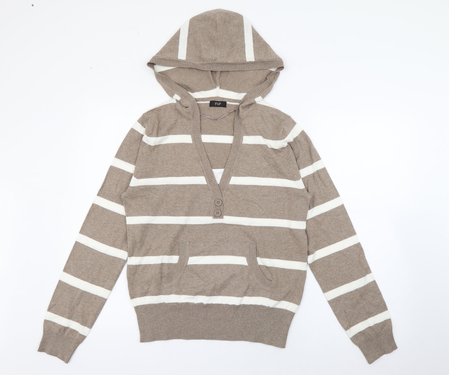 F&F Womens Brown Striped Cotton Pullover Hoodie Size 14