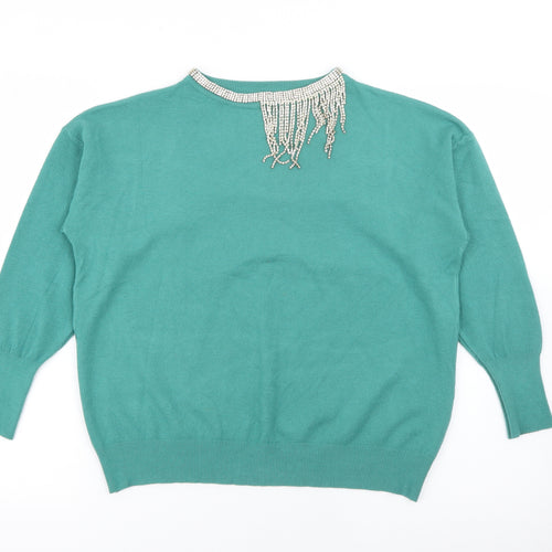 beauty Women Womens Green Crew Neck  Viscose Pullover Jumper Size L
