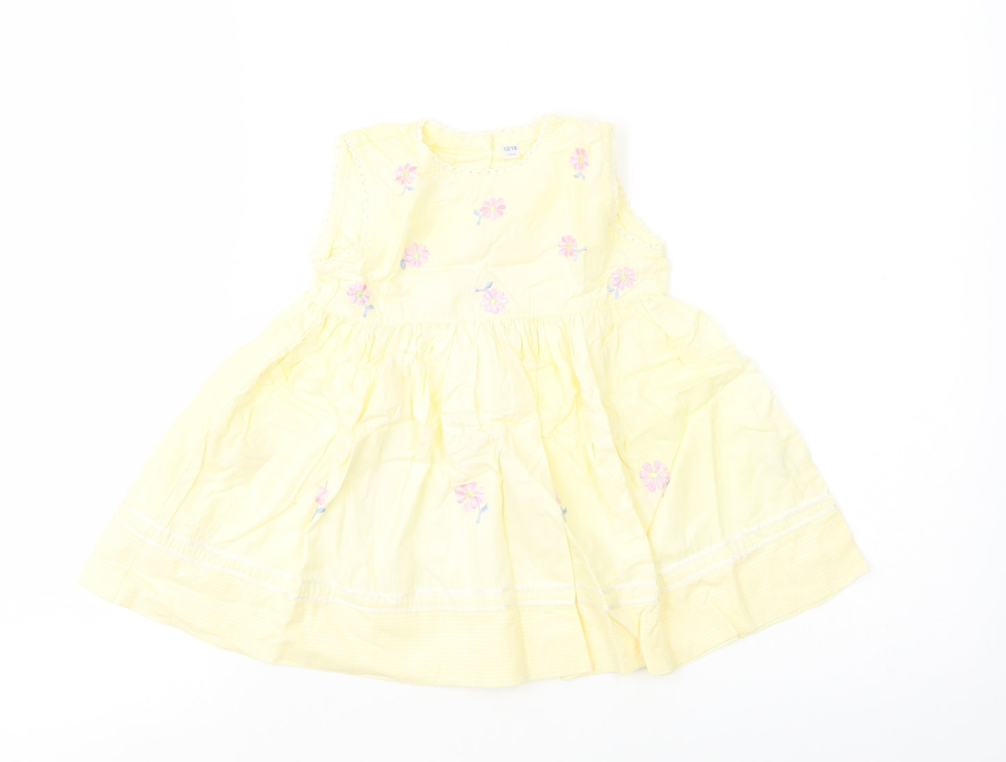 Tots Baby Yellow Floral Cotton Skater Dress  Size 12-18 Months  Crew Neck Button