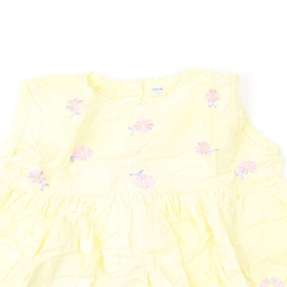 Tots Baby Yellow Floral Cotton Skater Dress  Size 12-18 Months  Crew Neck Button