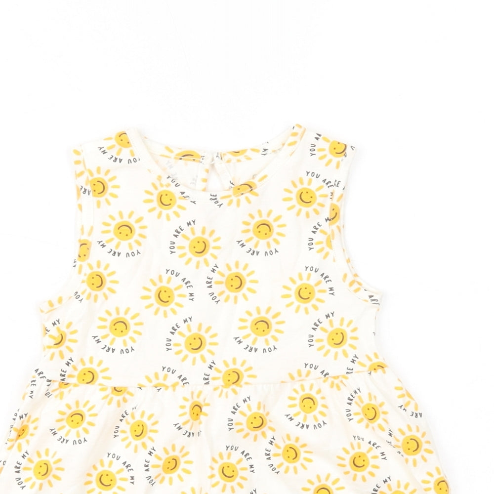 F&F Baby White Geometric Cotton A-Line  Size 9-12 Months  Crew Neck Button - Sun Print