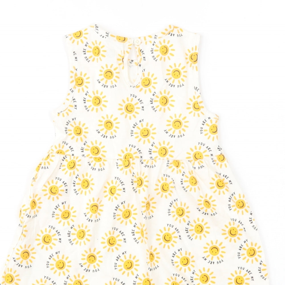 F&F Baby White Geometric Cotton A-Line  Size 9-12 Months  Crew Neck Button - Sun Print